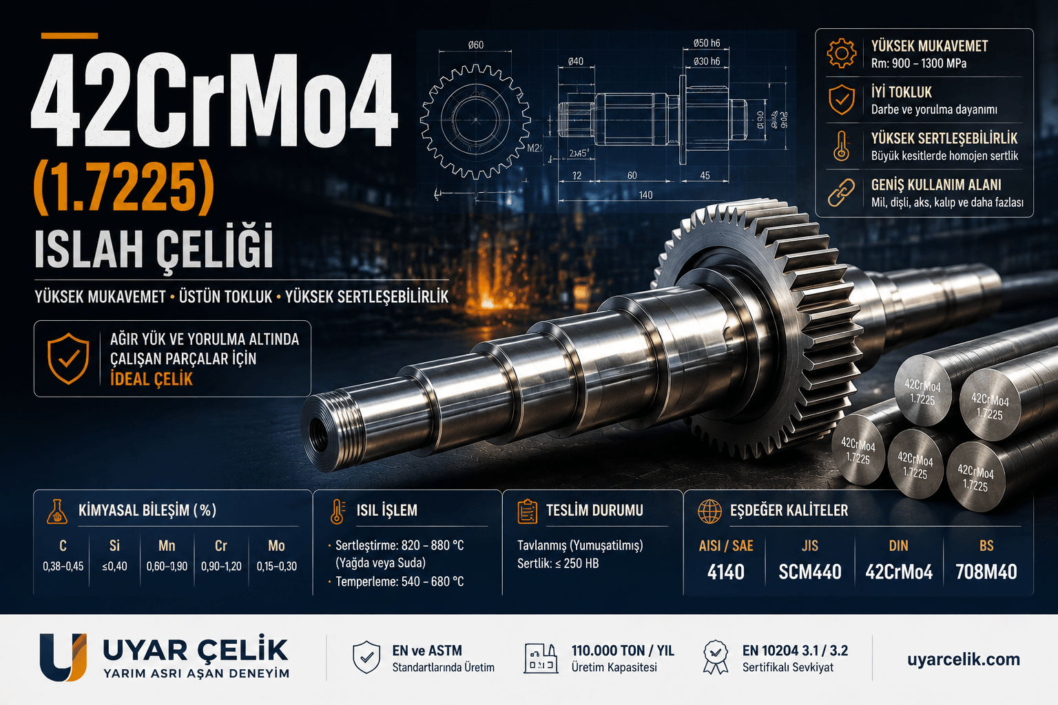 42CrMo4 1.7225 ıslah çeliği yuvarlak mil - Uyar Çelik