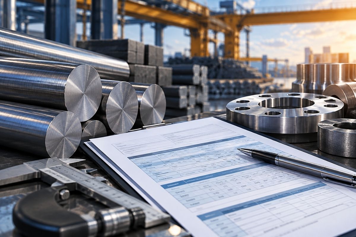 Steel material test certificate with chemical analysis results, steel bars and quality inspection equipment.