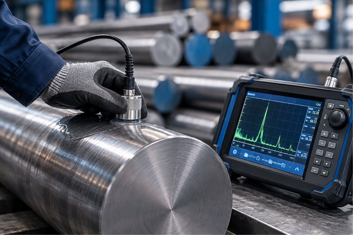 Ultrasonic testing of a steel bar using an ultrasonic flaw detector and inspection probe